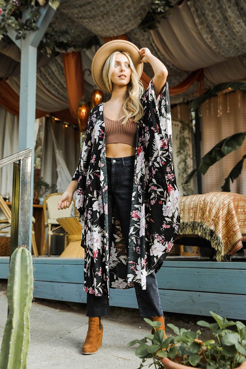 Floral Butterfly Sleeve Kimono - LuxNovaHub 