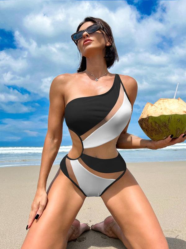 Solid Color Hollow Mesh Swimsuit - LuxNovaHub 