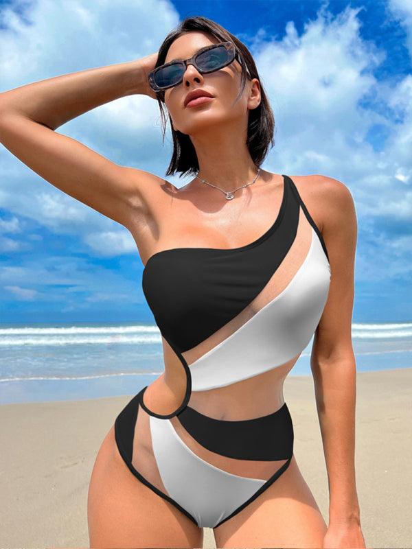 Solid Color Hollow Mesh Swimsuit - LuxNovaHub 