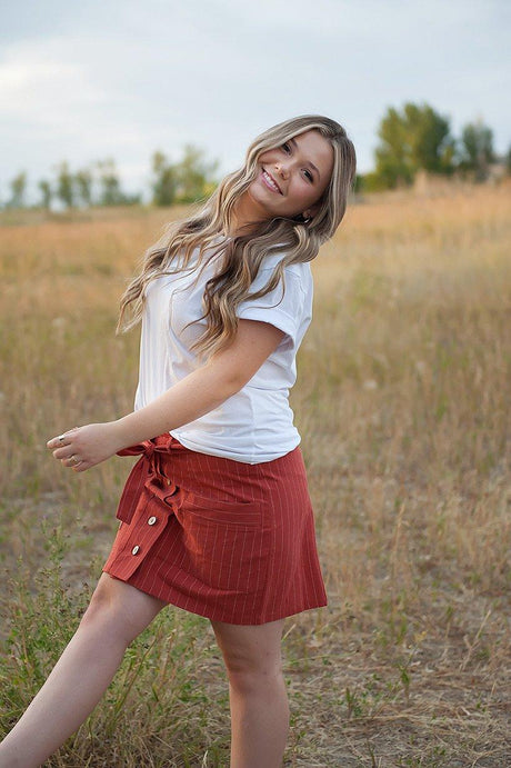 Coconut button Stripe Woven Skirt With Belt in Rust - LuxNovaHub 