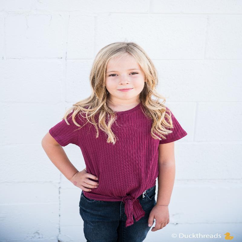 Girls Ribbed Tie Bottom Tee - Pink and Burgundy - LuxNovaHub 