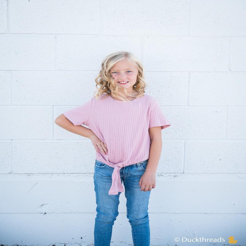 Girls Ribbed Tie Bottom Tee - Pink and Burgundy - LuxNovaHub 