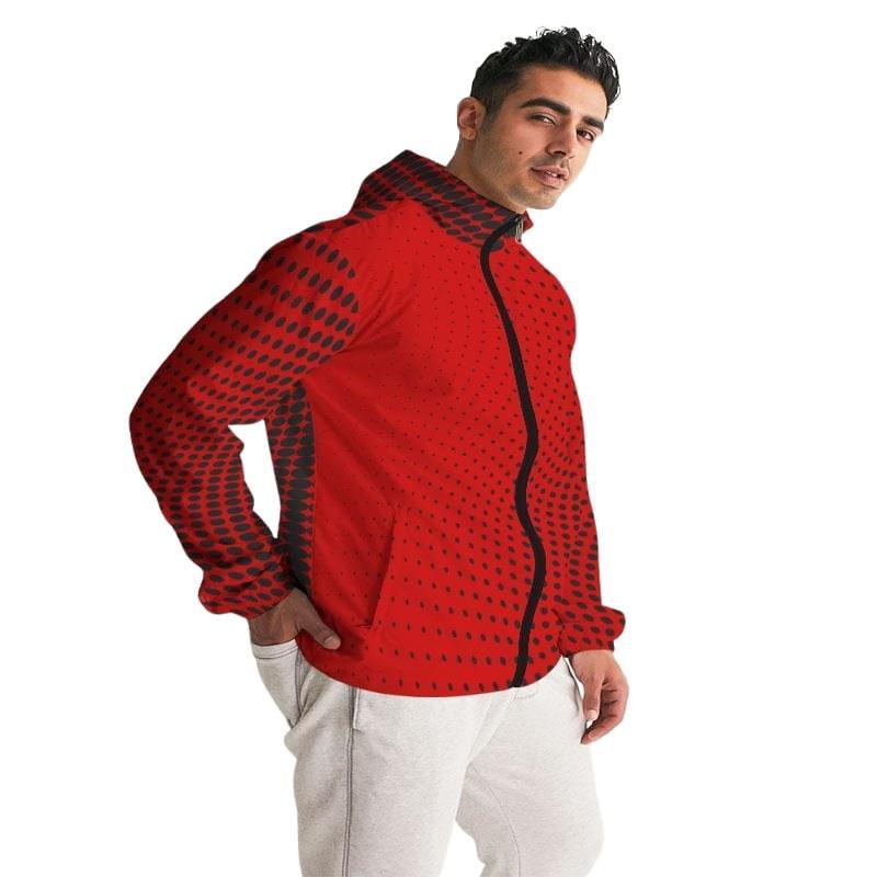 Mens Hooded Windbreaker, Red Polka Dot Water - LuxNovaHub 