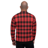 Bomber Jacket For Men, Red And Black Plaid Colorblock Pattern - LuxNovaHub 