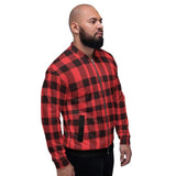 Bomber Jacket For Men, Red And Black Plaid Colorblock Pattern - LuxNovaHub 