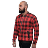 Bomber Jacket For Men, Red And Black Plaid Colorblock Pattern - LuxNovaHub 