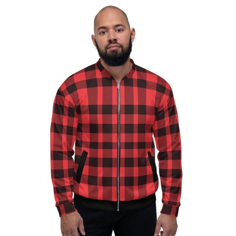 Bomber Jacket For Men, Red And Black Plaid Colorblock Pattern - LuxNovaHub 