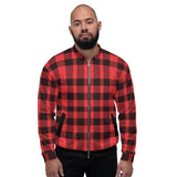 Bomber Jacket For Men, Red And Black Plaid Colorblock Pattern - LuxNovaHub 