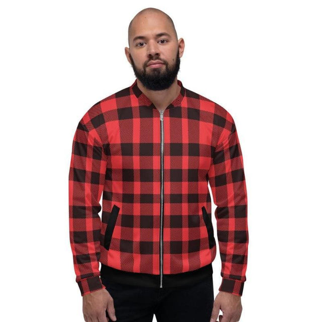 Bomber Jacket For Men, Red And Black Plaid Colorblock Pattern - LuxNovaHub 