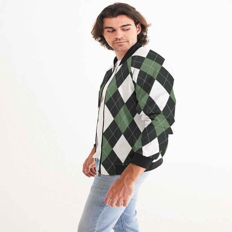 Bomber Jacket For Men, Green And White Tartan Plaid Pattern - LuxNovaHub 