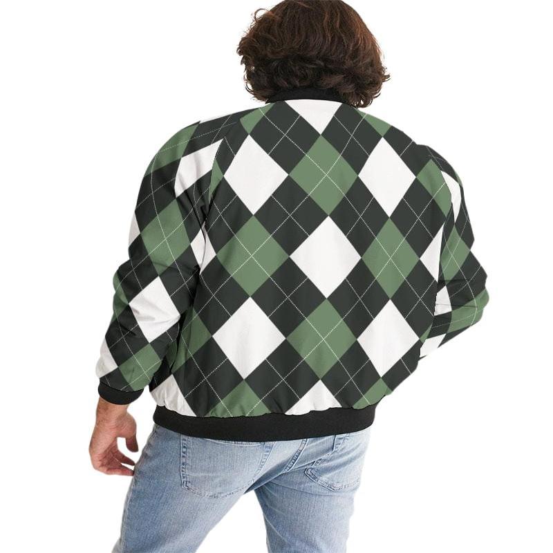 Bomber Jacket For Men, Green And White Tartan Plaid Pattern - LuxNovaHub 