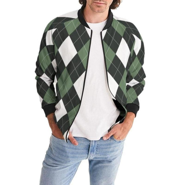 Bomber Jacket For Men, Green And White Tartan Plaid Pattern - LuxNovaHub 