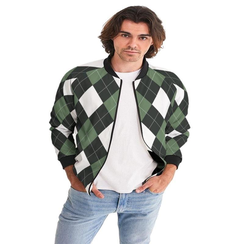 Bomber Jacket For Men, Green And White Tartan Plaid Pattern - LuxNovaHub 