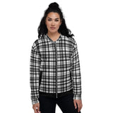 Womens Bomber Jacket, Black & White Plaid Style - LuxNovaHub 