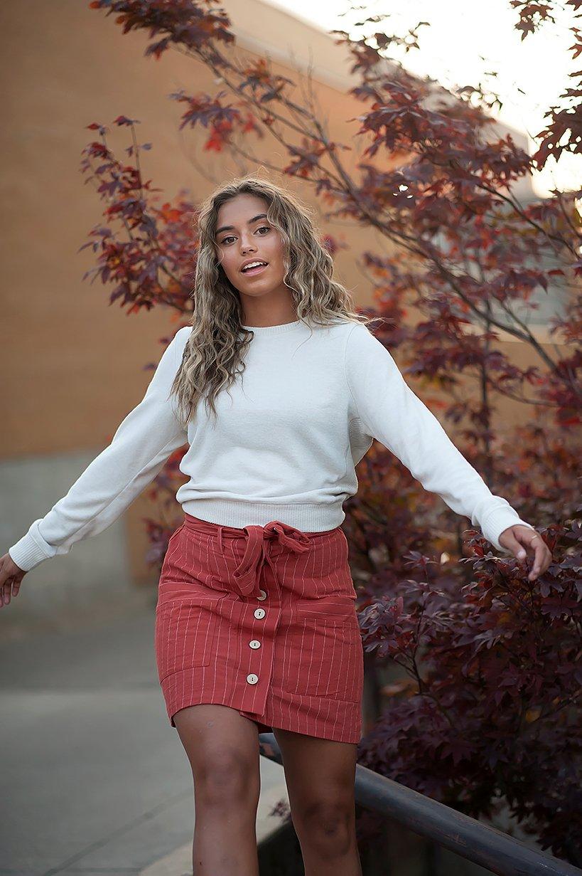 Coconut button Stripe Woven Skirt With Belt in Rust - LuxNovaHub 