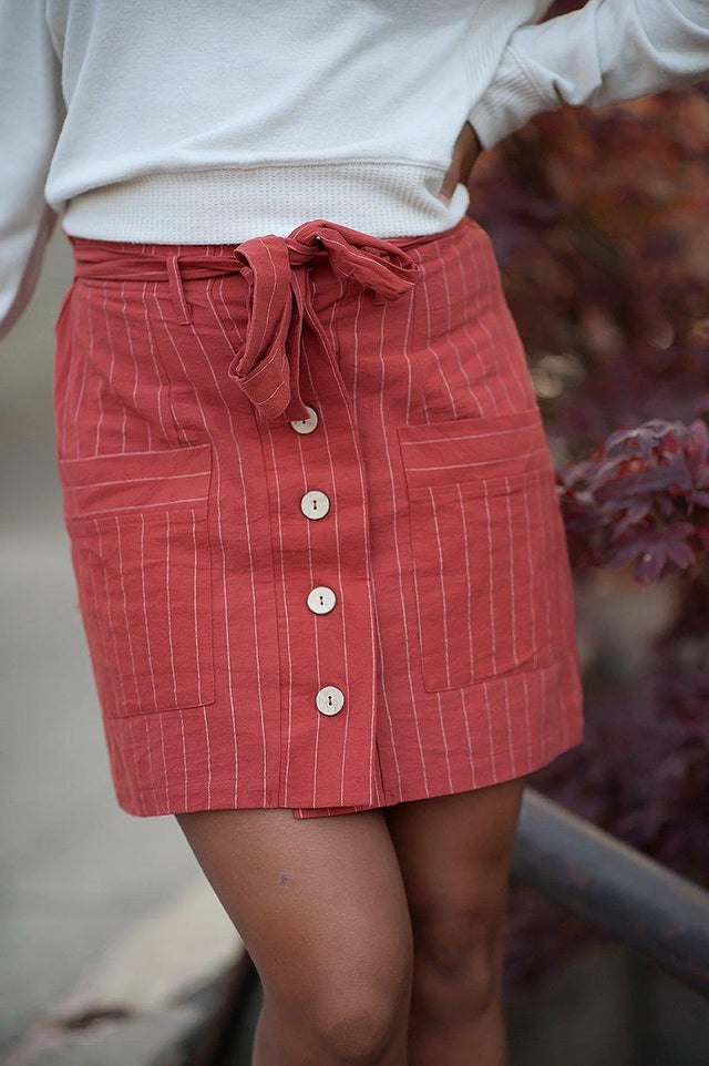 Coconut button Stripe Woven Skirt With Belt in Rust - LuxNovaHub 