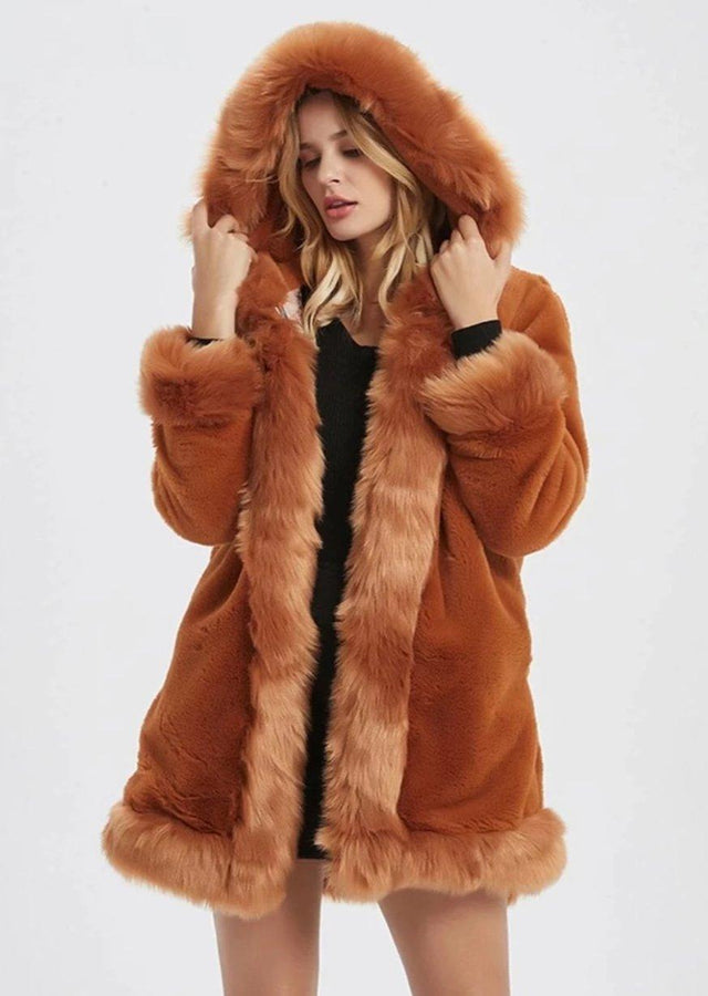 Womens Hooded Faux Fur Collar Coat - LuxNovaHub 