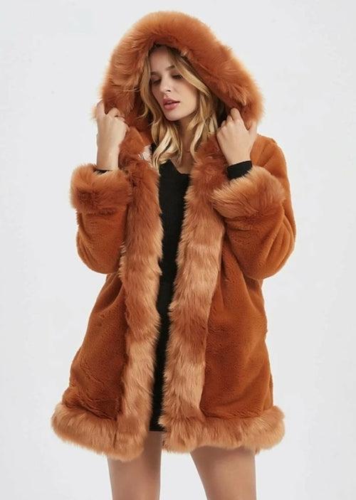 Womens Hooded Faux Fur Collar Coat - LuxNovaHub 